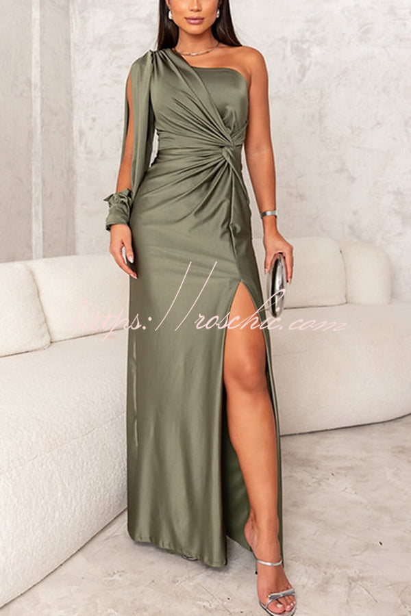 one shoulder twist dress Country Party Charm Satin One Shoulder Twist Detail Slit Maxi Dress