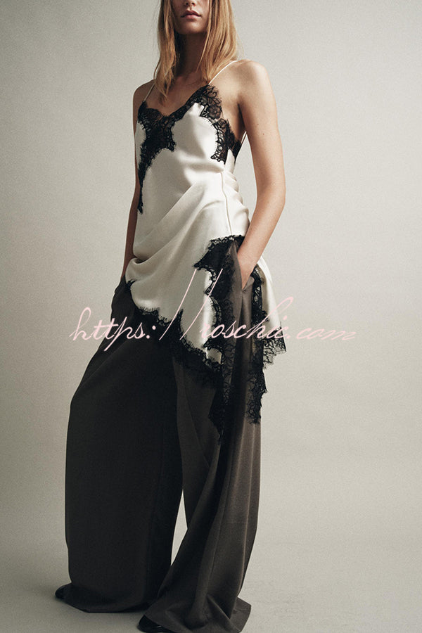 Satin Lace Trim V-neck Asymmetrical Hem Slip Mini Dress