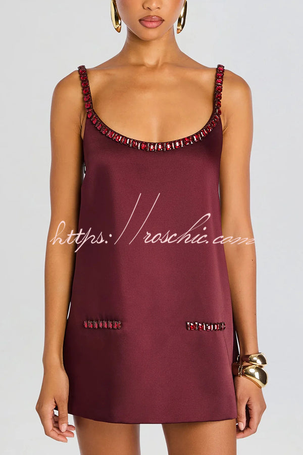 Taste Red Wine Satin Gemstone Trim Round Neck Slip H-line Mini Dress