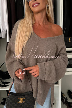 Cold Weather Knit Solid Color Long Sleeve V-neck Irregular Relaxed Sweater