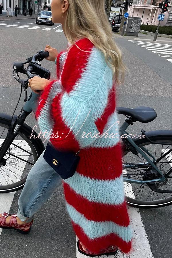 Fashionable Contrast Stripes Lazy Style Loose Long Knitted Cardigan