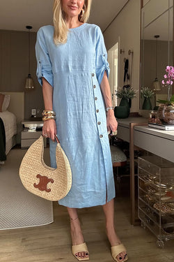 Ultra-comfortable Linen Blend Half Sleeve Front Button Detail Relaxed Pocket Midi Dress