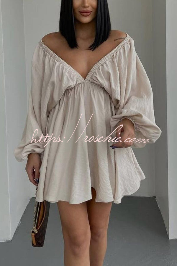 V Neck Puff Sleeve Solid Color Resort Style Mini Dress