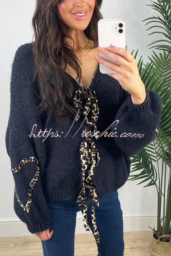 Fashionable Loose Long-sleeved Leopard Print Lace-up Knitted Sweater Cardigan