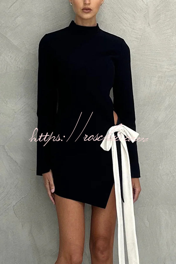 Fashionable Long-sleeved Hollowed-out Bow Slim-fit Mini Dress