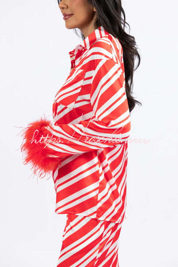 Christmas Party Striped Print Pocket Feather Elastic Waist Pajama Set