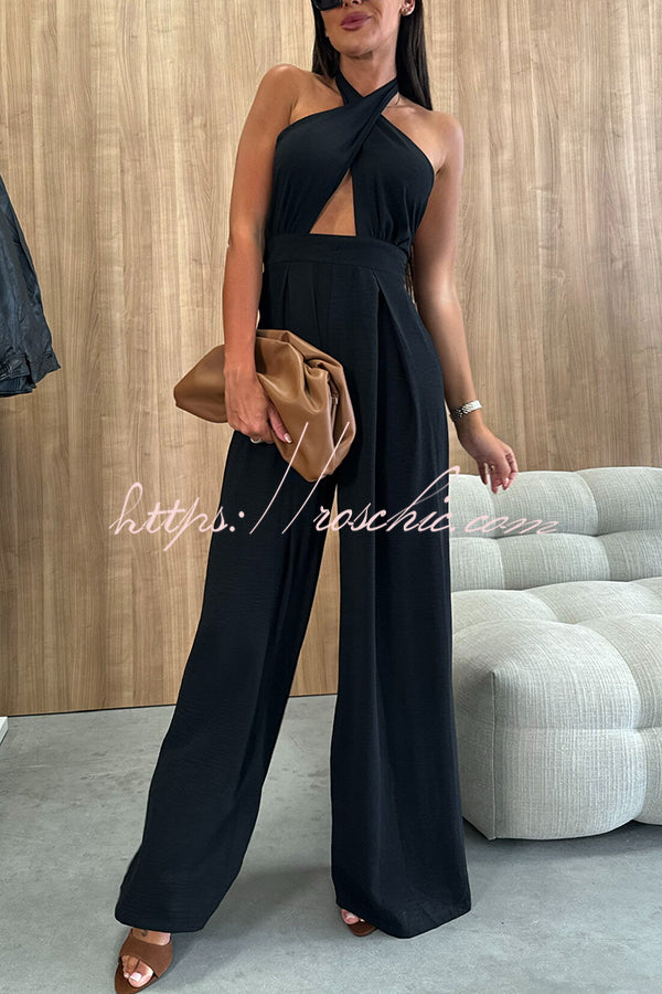 Easy Mode Cross-neck Halter Strap Backless Wide Leg Jumpsuit
