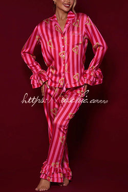 Festive Season Long Candy Stripe Tiered Bell Cuffs Elastic Waist Pocketed Pajama Set