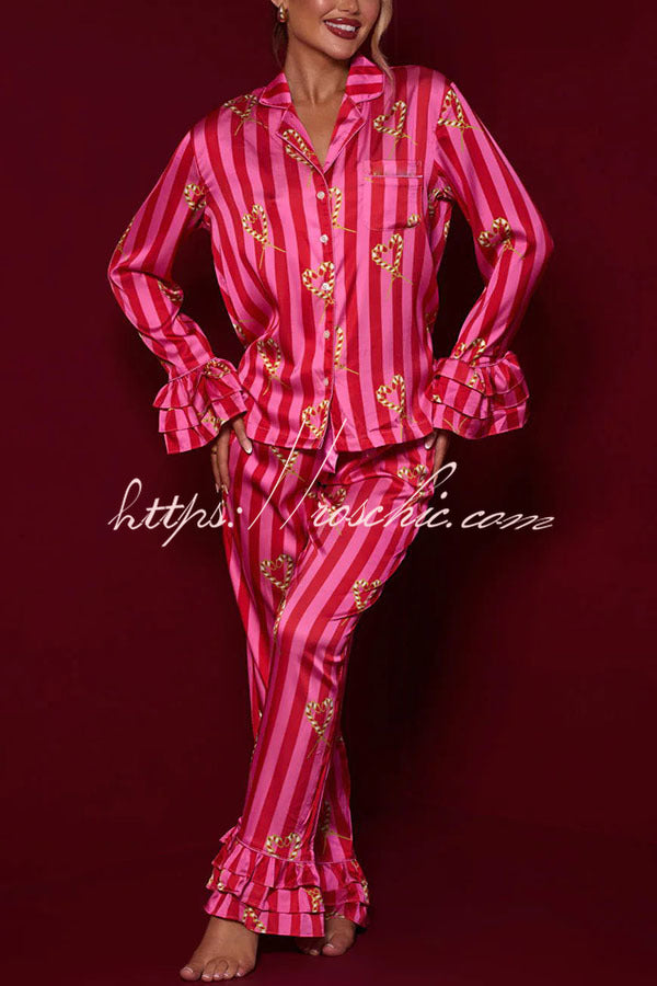 Festive Season Long Candy Stripe Tiered Bell Cuffs Elastic Waist Pocketed Pajama Set