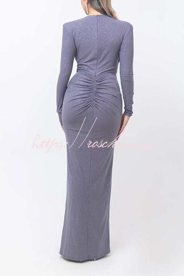 Solid Color Shiny Sexy V-neck Long Sleeve Ribbon Slit Slim Fit Maxi Dress