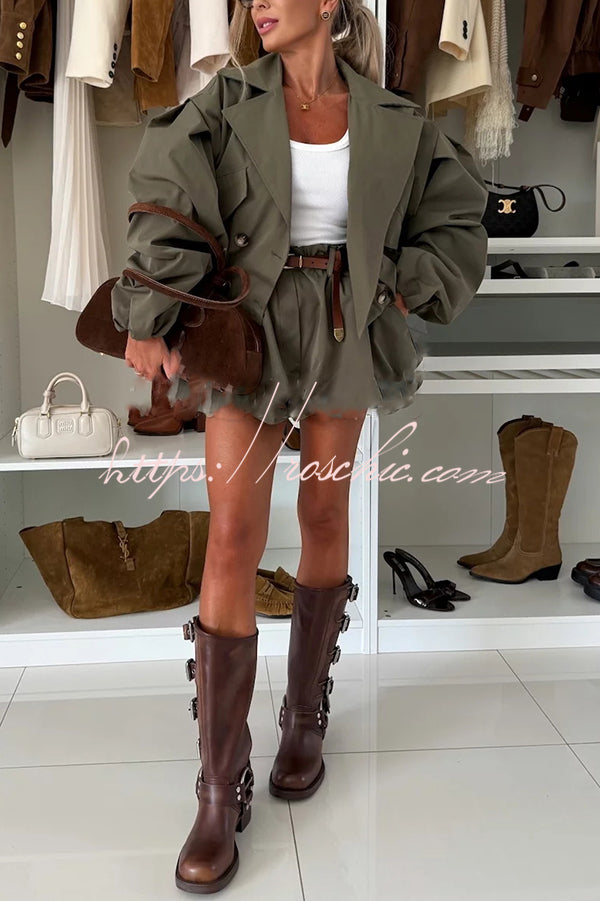 Fashion Style Button Long Balloon Sleeve Pocket Lapel Casual Bomber Jacket (Shipped Within 24 Hours)