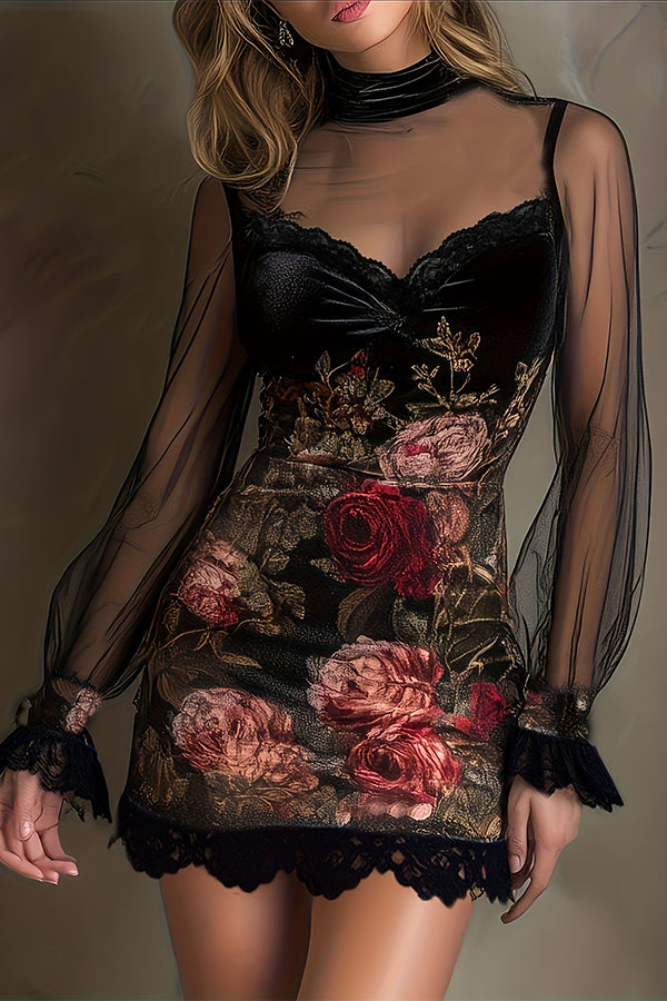 Enchanted Garden Sheer Mock Neck Velvet Dress  roschic