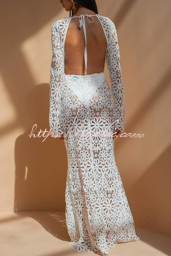 Ocean Breeze Crochet Lace Floral Pattern Backless Tie-up Vacation Maxi Dress