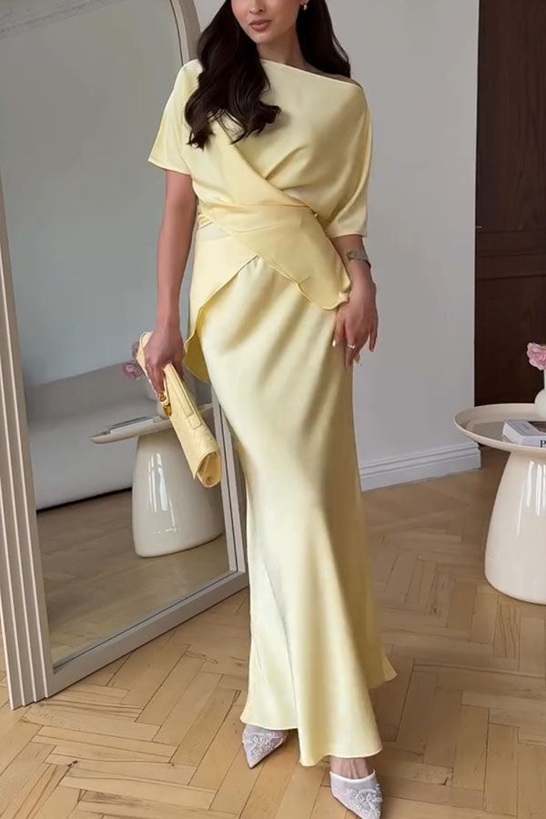 Secret of Elegance Satin Slit Back Lace-up Top and Elastic Waist Flare Maxi Skirt Set