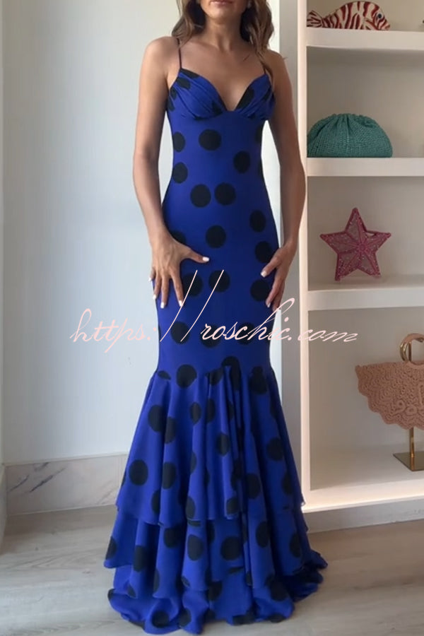 Eliora Mesh Polka Dot Print Gathered Bust Layered Fishtail Hem Maxi Dress