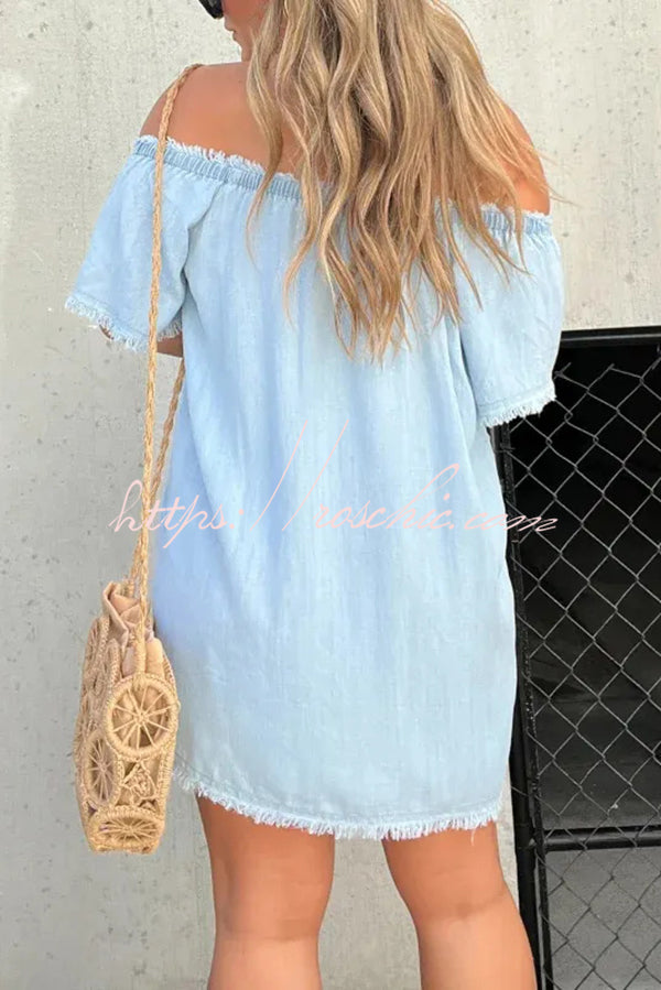 Fashionable One-shoulder Short-sleeved Loose Fringed Mini Dress  roschic