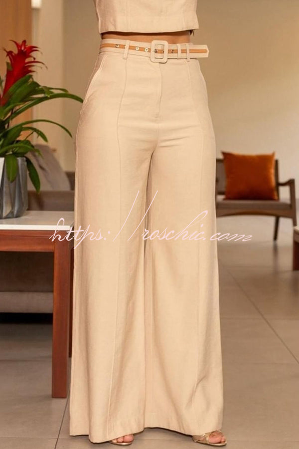 Solid Color Slim Fit Sleeveless Crew Neck Top and High Waist Pocket Wide Leg Pants Set