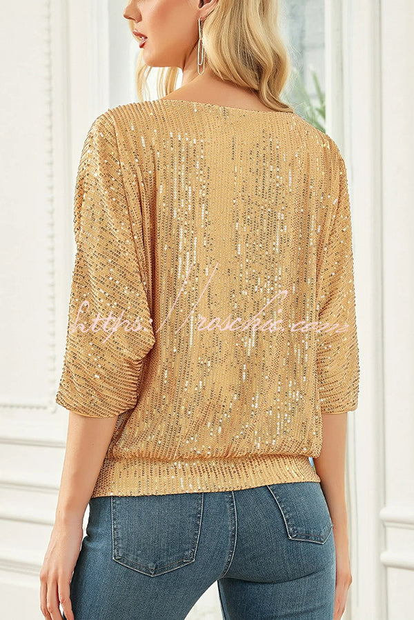 Solid Color Sequined Loose Round Neck Casual Top