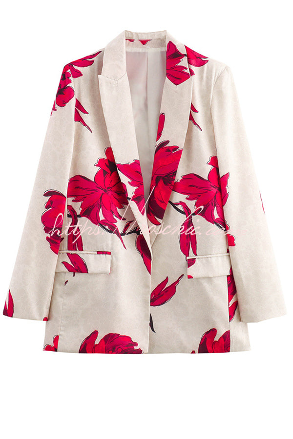 Special Attendance Satin Floral Print Long Sleeve Lapel Loose Blazer