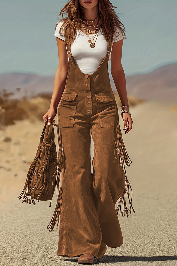 Stylish Suede Tassel Button Pocket Casual Wide-leg Overalls
