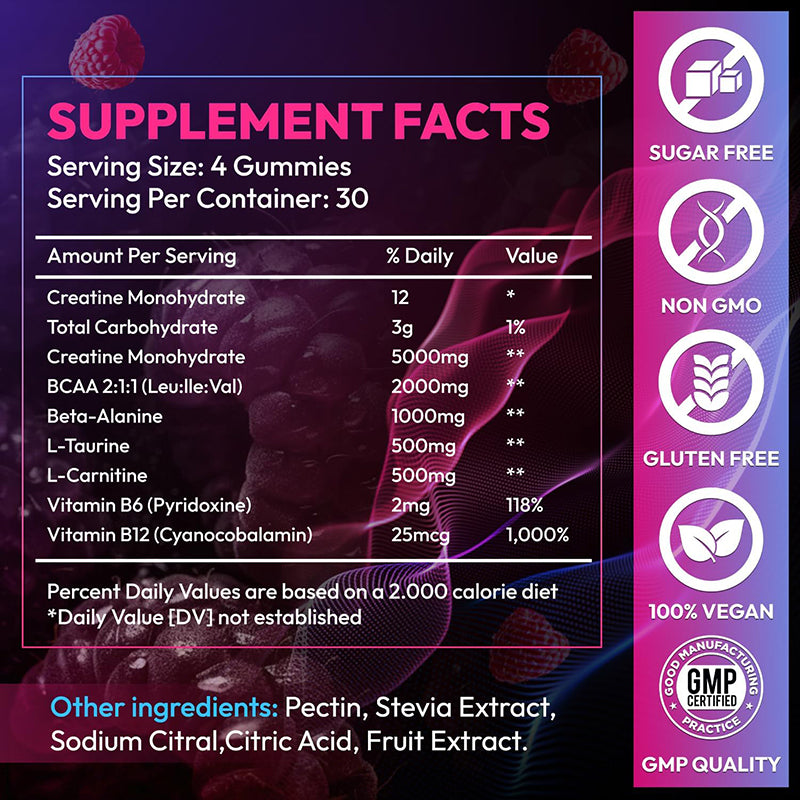 Creatine Gummies Monohydrate Complex 9000MG, Pre-Workout for Men & Women, Creatine Gummy with L-Taurine, BCAA 2:1, B12/6 for Muscle Support, Enhance Strength, Energy Boost-120 Count