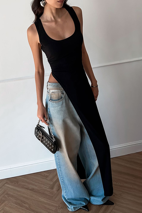 Solid Color Shoulder Strap Slim Fit Slit Maxi Top
