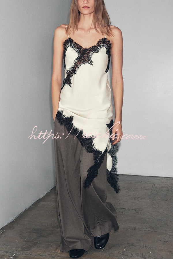 Satin Lace Trim V-neck Asymmetrical Hem Slip Mini Dress