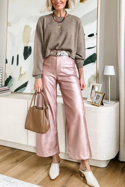 Colette Metallic Faux Leather Pocket Cropped Wide Leg Stretch Pants