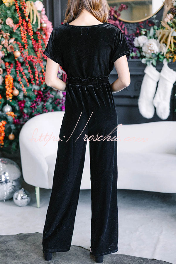 Holiday Star Velvet Lace Up Pocket Wide Leg Jumpsuit