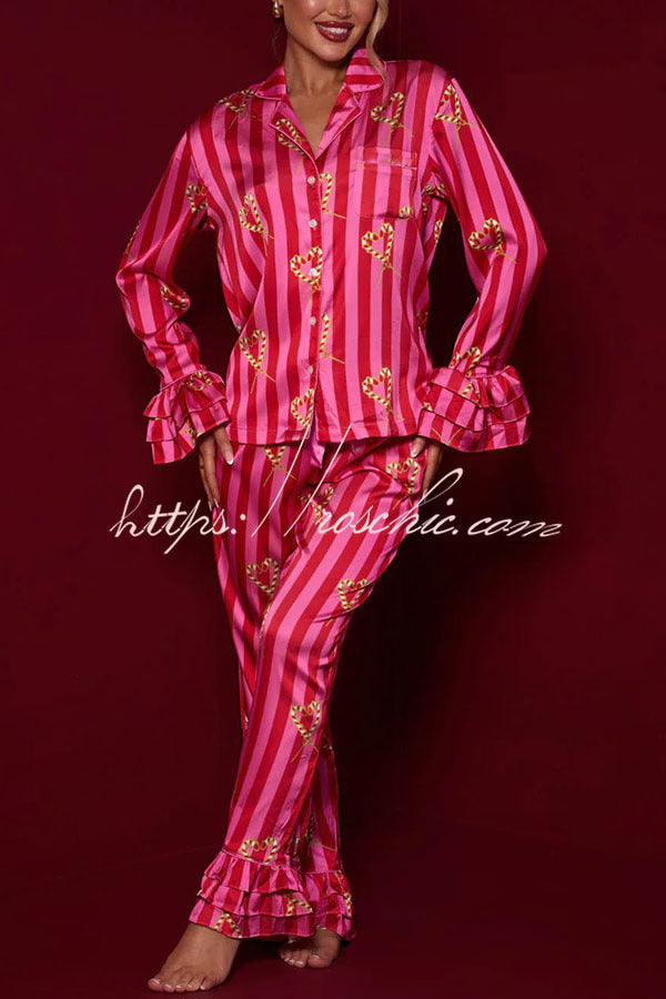 Festive Season Long Candy Stripe Tiered Bell Cuffs Elastic Waist Pocketed Pajama Set