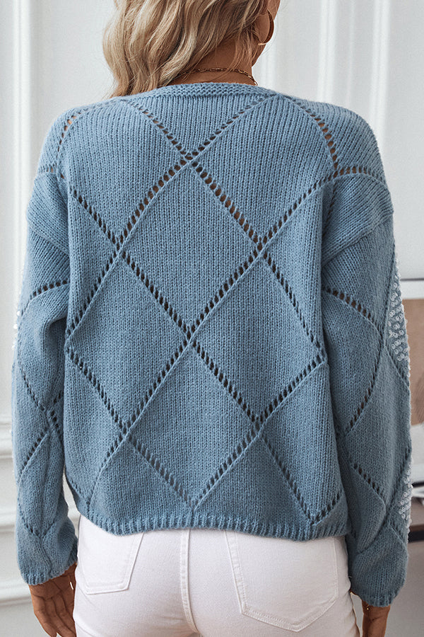 Fashionable Hollow Sequined Loose Rhombus Knitted Sweater