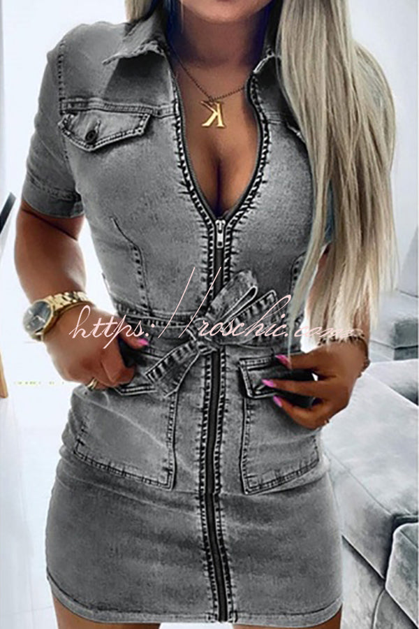 Tie Waist Zipped Pocket Denim Mini Dress