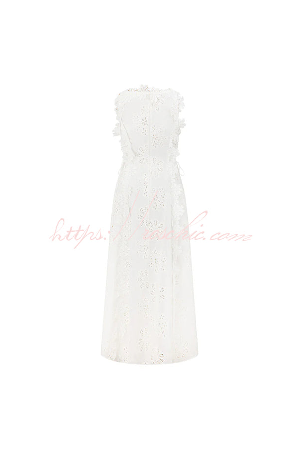 Mairi Embroidery Hollow Fabric Delicate Flower Trim Side Lace-up Maxi Dress