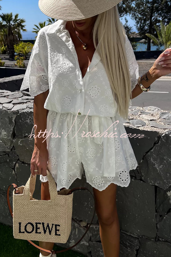 Elegant and Chic Embroidered Lace Flowers Button Up Belted Loose Shirt Romper