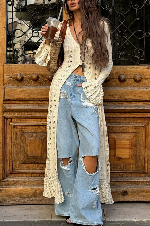 Fashion Hollow V-neck Long-sleeved Casual Knitted Cardigan