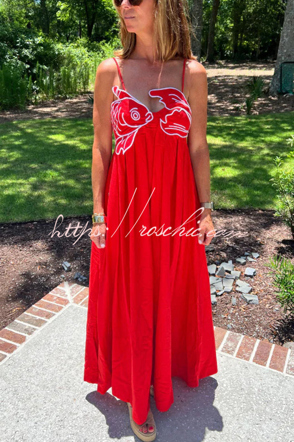 Red Fish Embroidered Sling Backless Maxi Dress