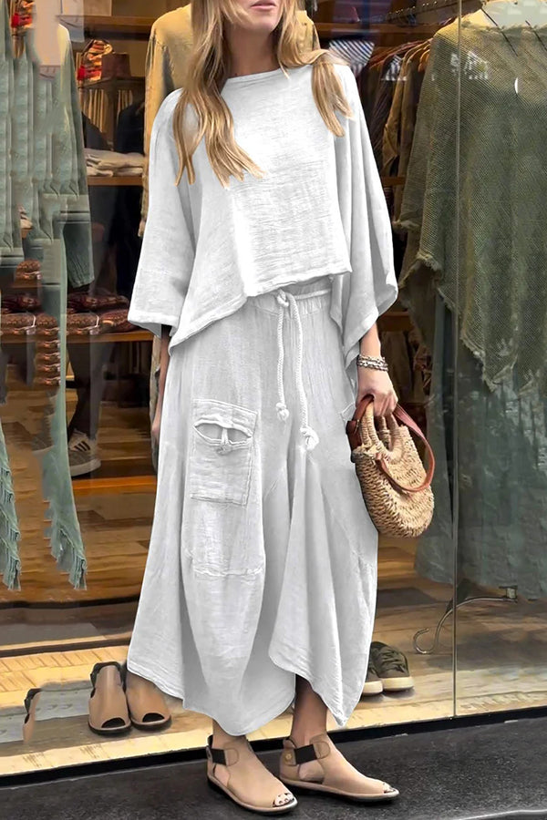 Solid Color Loose Round Neck Top and Elastic Waist Tie Casual Maxi Skirt Set