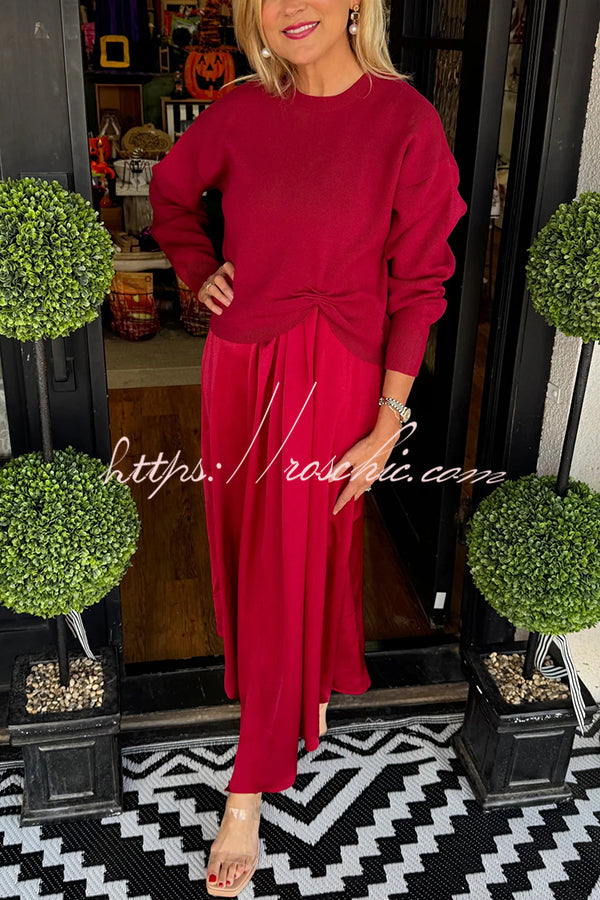 satin midi dress with sweater Practical Fashion Knit Ruched Sweater and Satin Stretch Tank Midi Dress Two-piece Set, Red / L