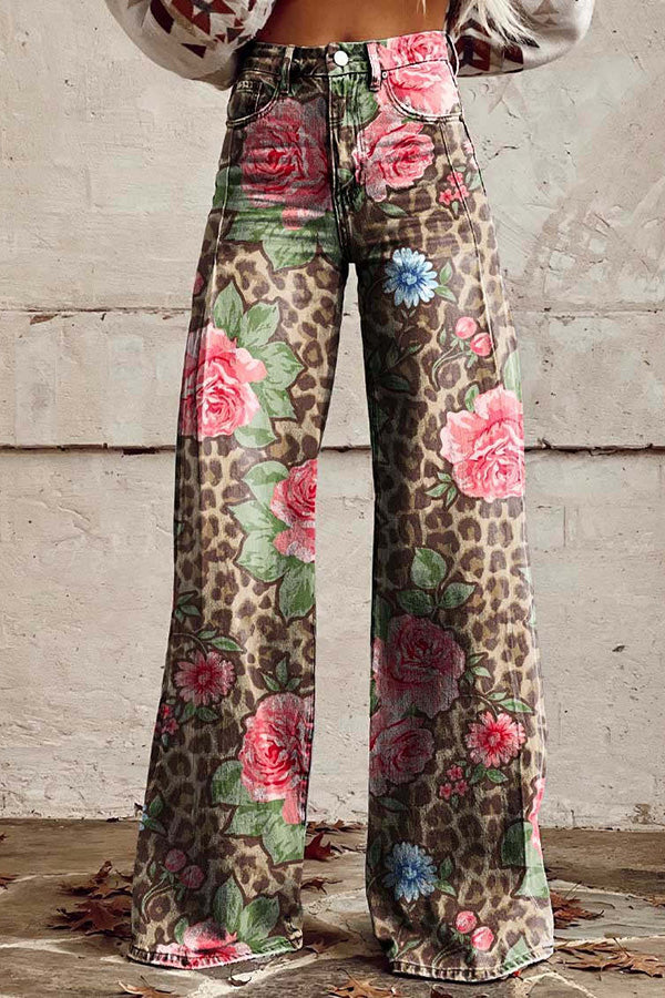 Beautiful Unique Print Button Pocket Wide Leg Pants