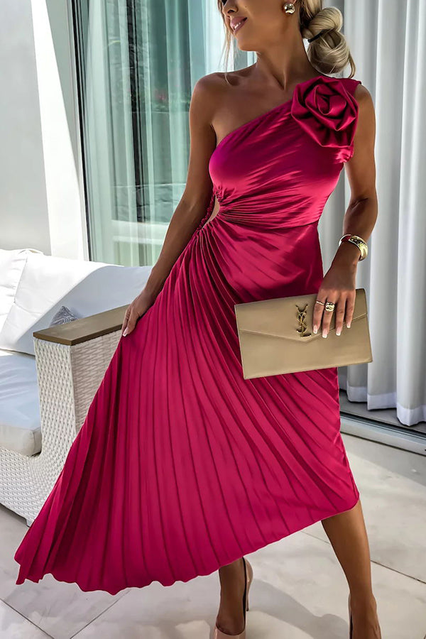 Romantic Nights Satin Raised Flower Elastic Cutout One Shoulder Pleated Maxi Dress