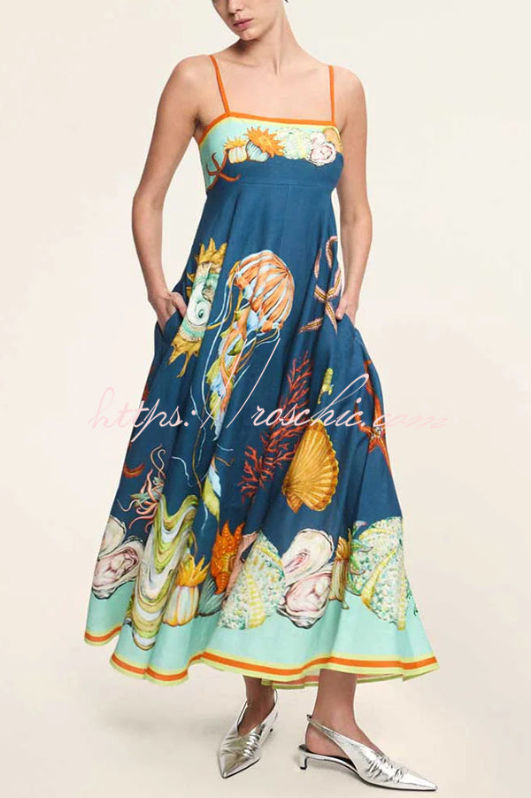 Linen Blend Unique Print Suspenders Back Pleated Pocket Resort Style Maxi Dress