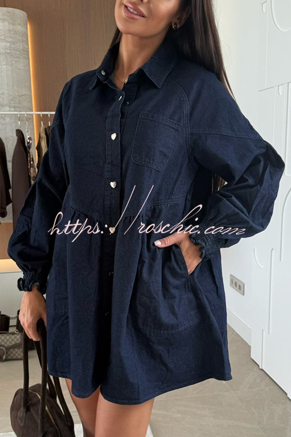 Fashion Heart Button Long Sleeve Casual Pocket Denim Mini Dress