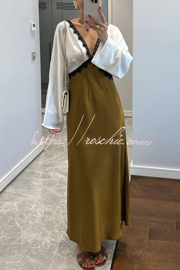 Lainei Contrast Color Satin Lace Trim V-neck Long Sleeve Maxi Dress