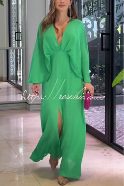 Solid Color V Neck High Waist Slit Casual Maxi Dress