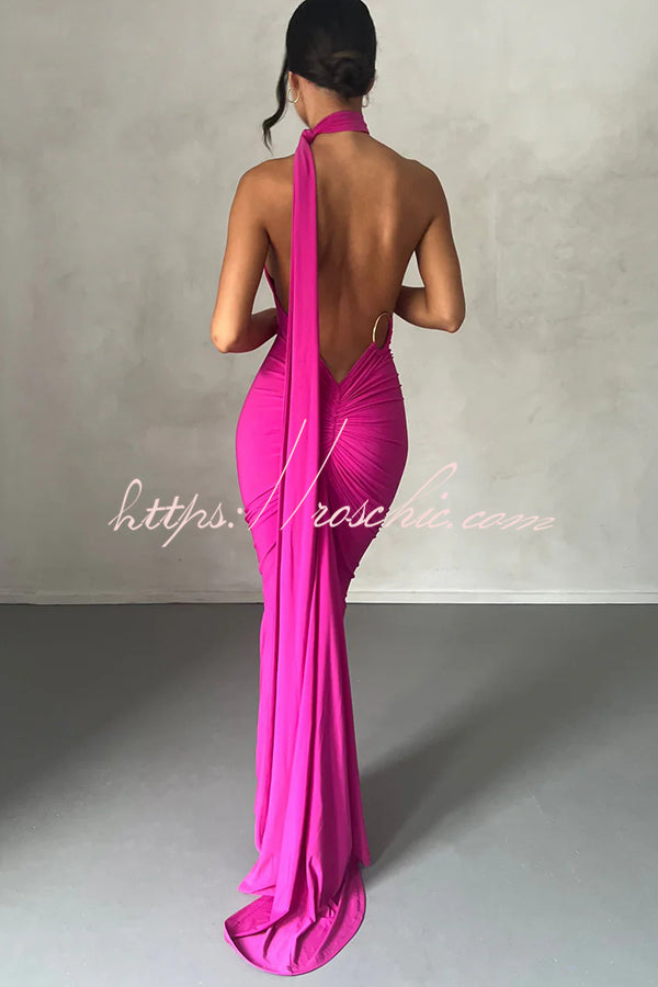 Sexy Backless Pleated Slim Solid Color Sleeveless Elegant Maxi Dress