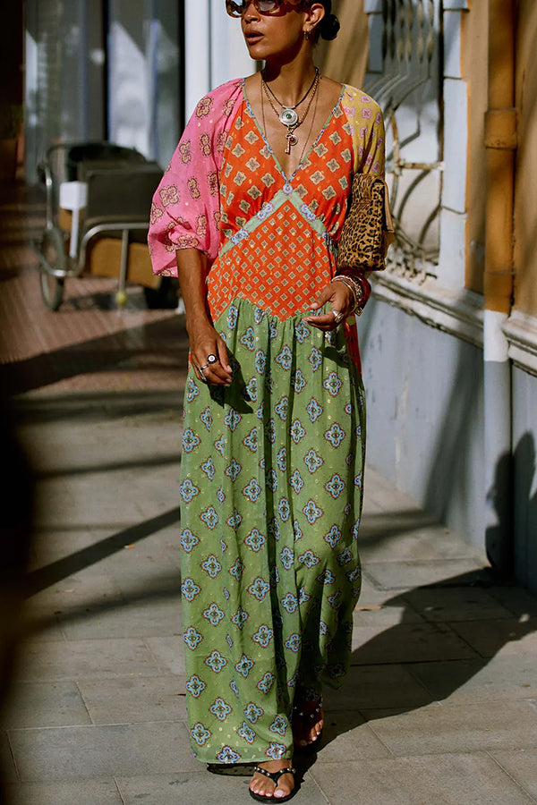 tile print maxi dress Genovah Colorful Patchwork V-neck Balloon Sleeve Every detail feels like women's holiday clothes Summer Cocktail Winter Cocktail Size:Women 4