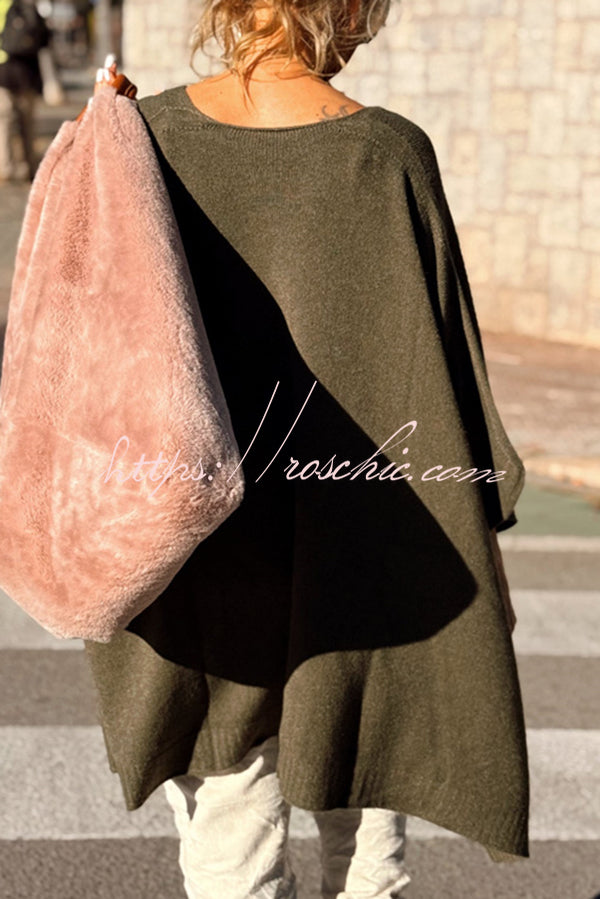 Fashion V-neck Loose Pocket Mid-length Knitted Sweater