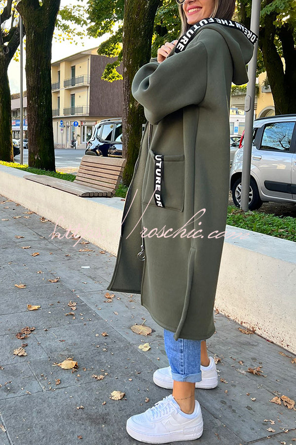 Fashionable and Casual Hooded Zipper Pocket Loose Long Coat