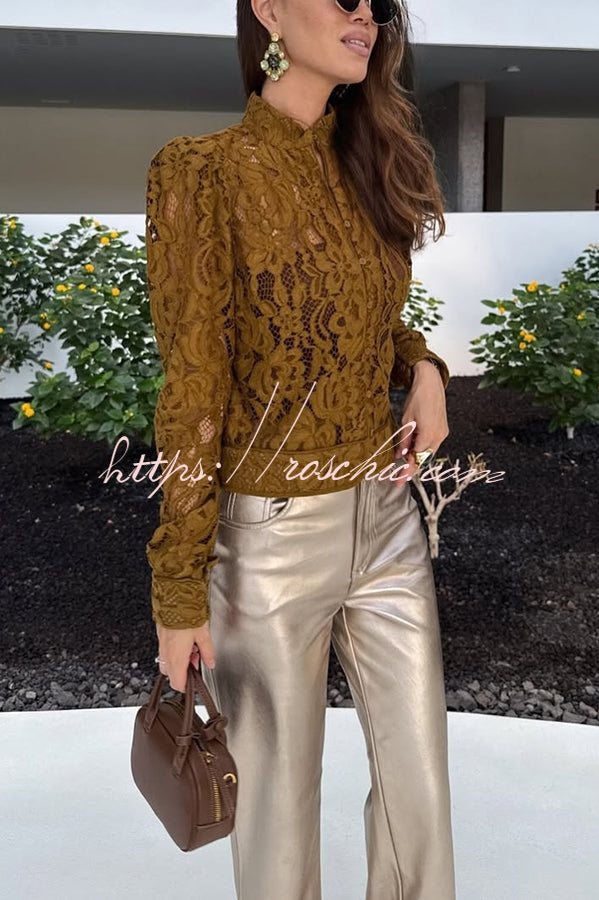 Palace Style Crochet Flower Lace Stand Neck Button Puff Sleeve Jacket