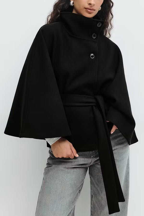 Fashionable Stand Collar Button Waist Tie Loose Cape